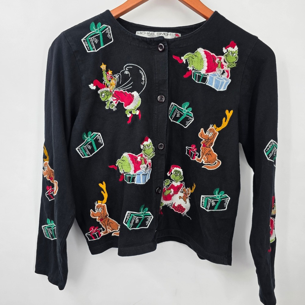 Michael Simon Dr Seuss The Grinch Embroidered Christmas Cardigan Sweater Black M